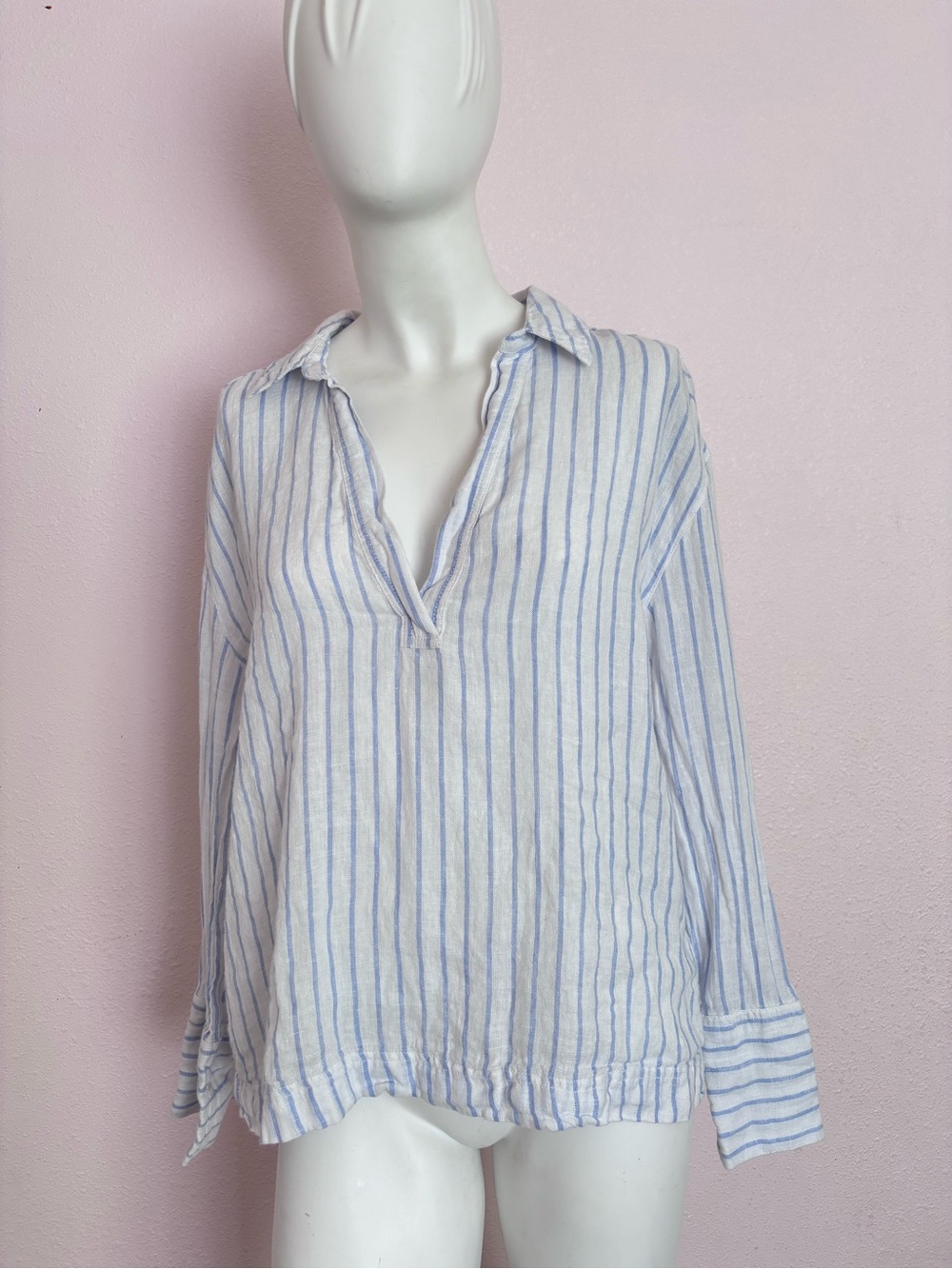 Martha Stewart Collection 100% Linen Blue & White Striped V-Neck Blouse Size M - Picture 3 of 11